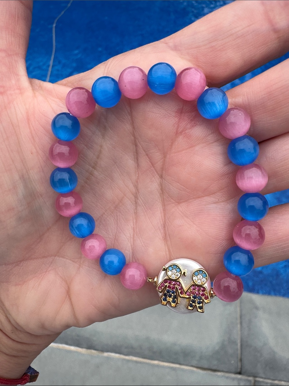 Handmade Pink & Blue Beaded Bracelet with Gold Accent Charm boy and girl